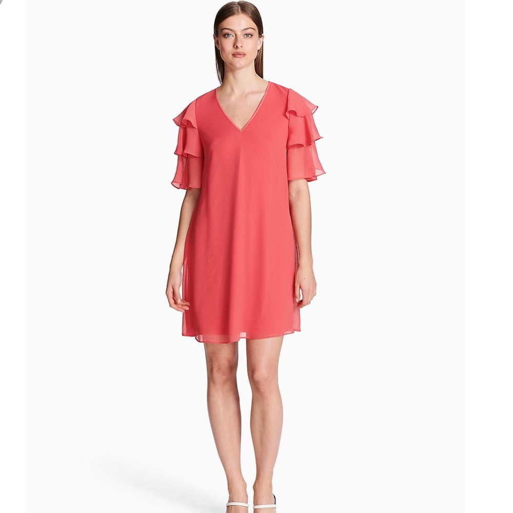Calvin Klein‎ Coral Chiffon Shift Dress V-Neck